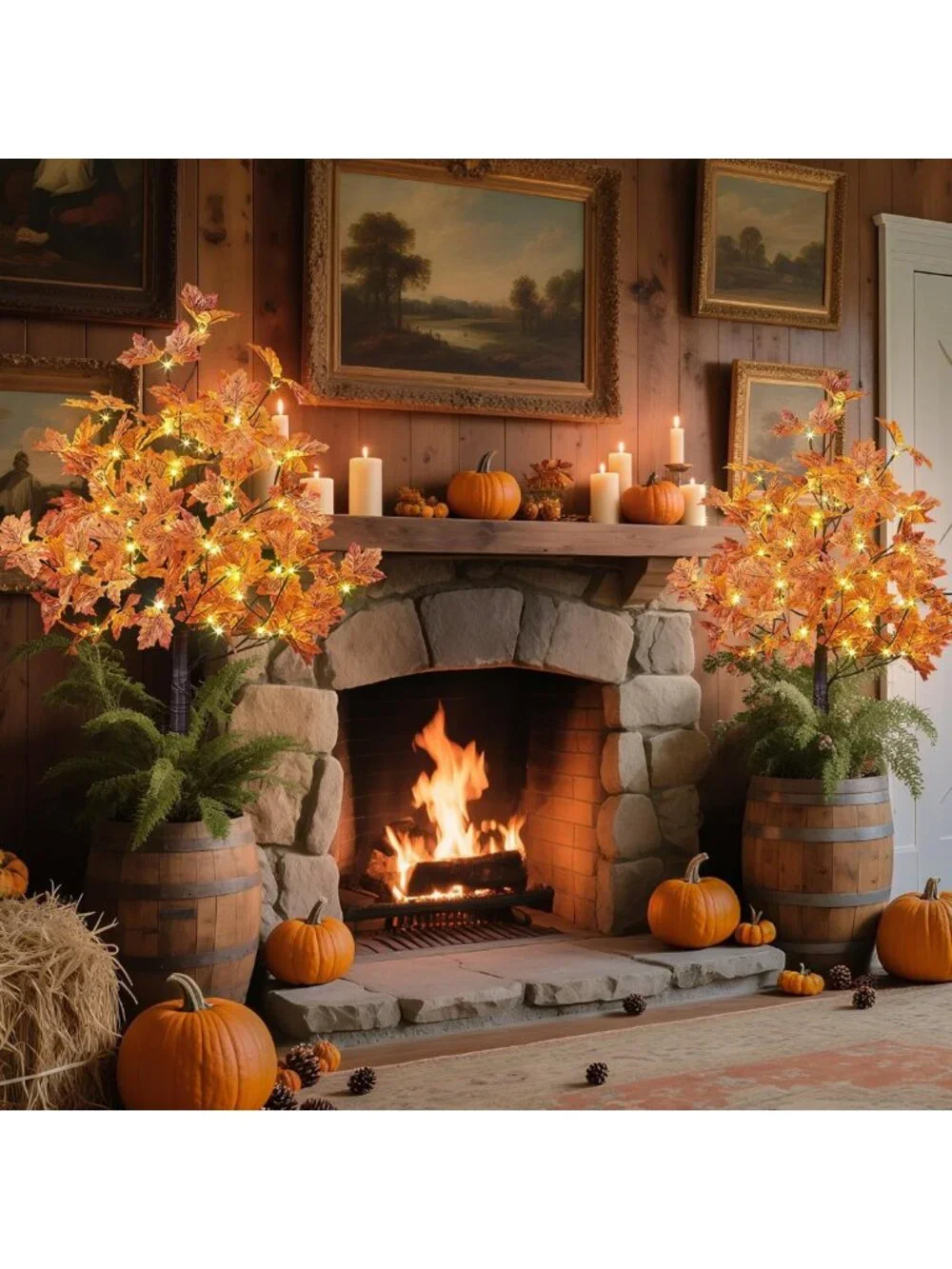 2PCS 4FT LED Lighted Maple Trees - Warm White & Orange Fall Decor for Halloween